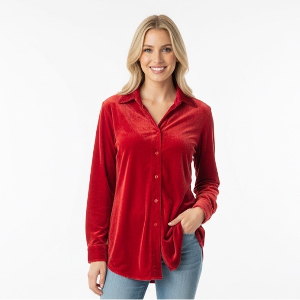 Soft Surroundings Red Velvet Button Down Shirt size medium